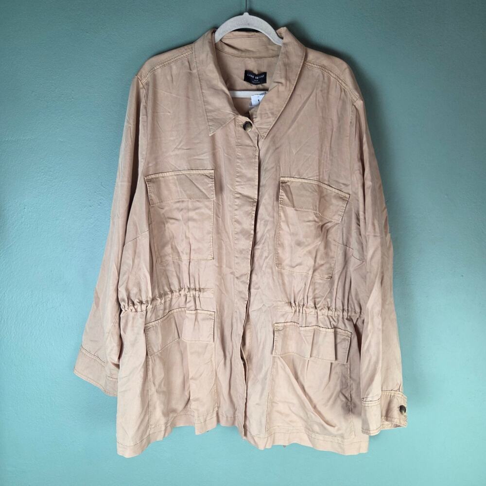 Lane Bryant Women Tencel Twill Cargo Military Utility Jacket Tan Plus Size 26/28